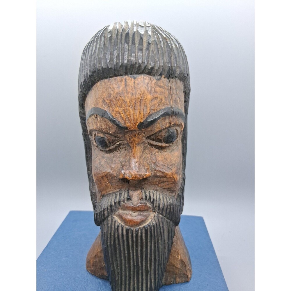 Carved Wood Beard Jamaican Man Head Bust Statue Signed Rastafarian Black Jesus